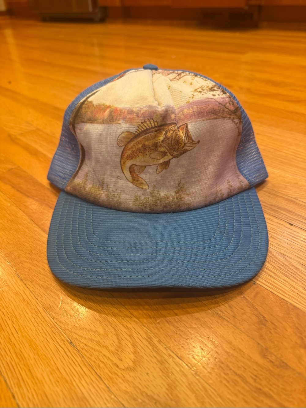 Vintage Blue Bass Fisherman Print Trucker Hat